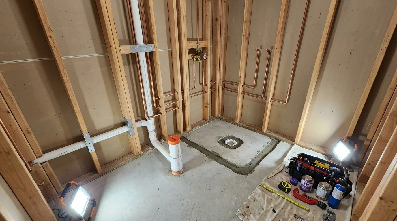 Bathroom rough-in plumbing during remodel by Johns Plumbing LLC in Barry
