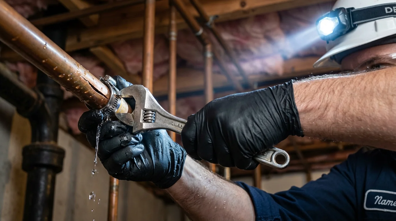 Emergency pipe clamp repair being performed by a Johns Plumbing LLC plumber in Barry