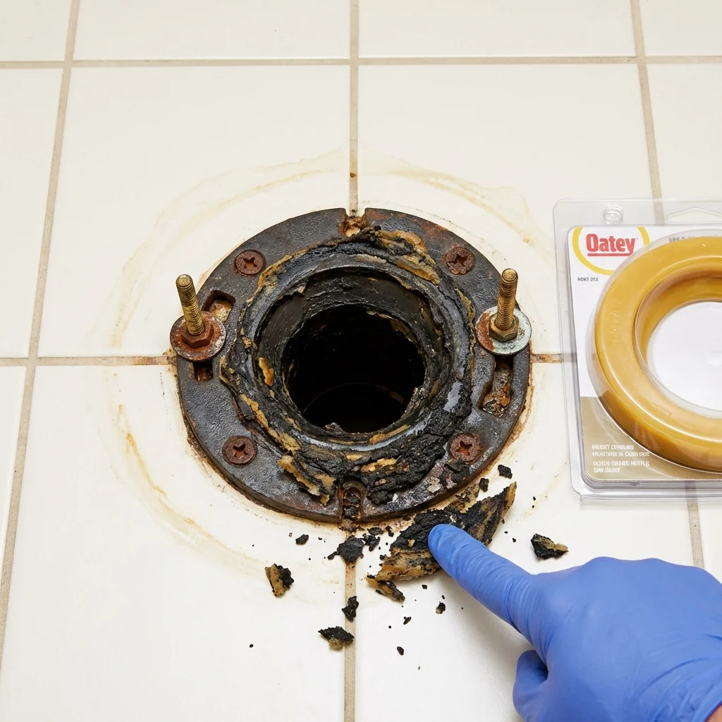 Failed wax ring showing water seepage at the base of a toilet in a Barry, IL home