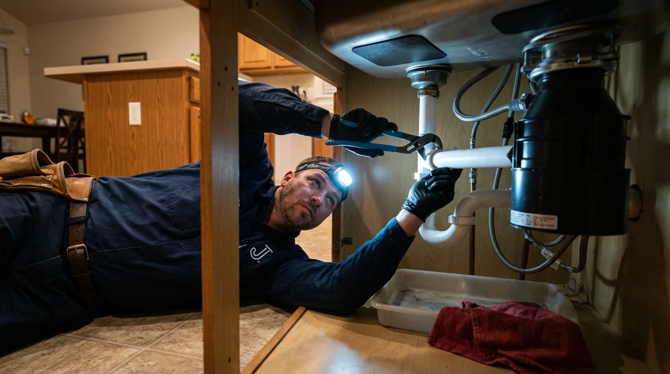 P-trap and supply line connections under a kitchen sink showing a common leak point in Barry, IL